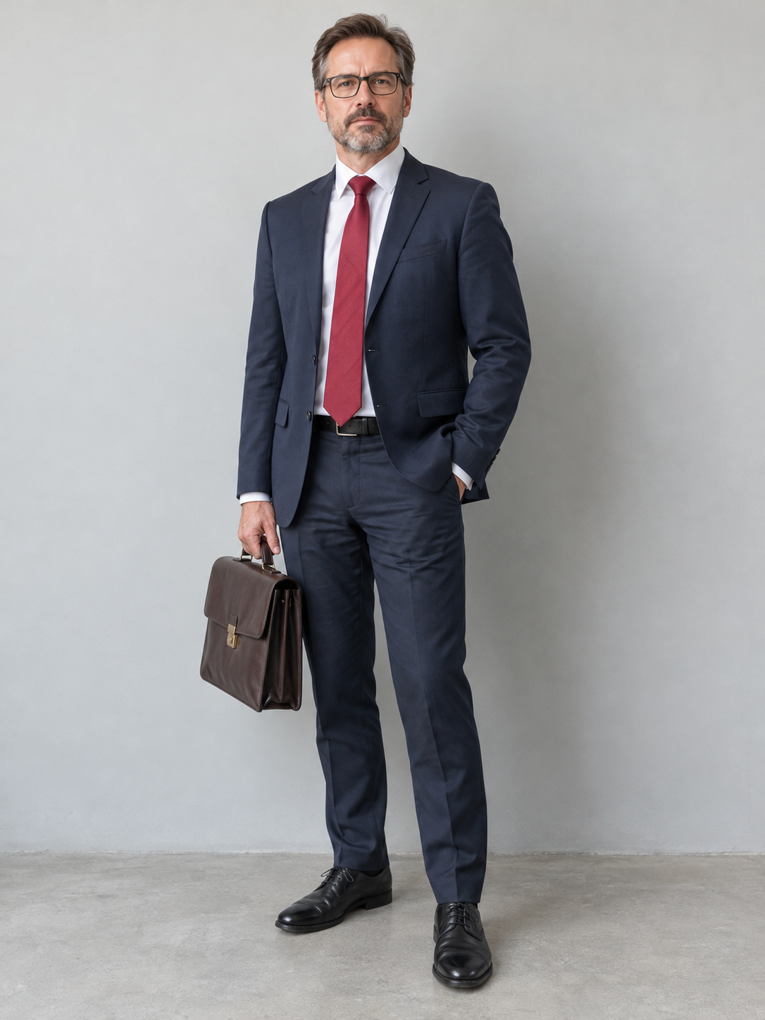 The single input photo: a man in a navy suit and red tie